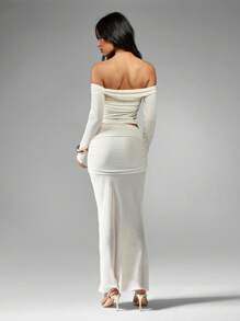 MISSGUIDED Off Shoulder Twisted Co Ord Set Long Sleeve Crop Top Maxi Skirt Evening Party Club Wedding Guest Winter Fall Spring Two Piece Outfit - Apricot - View 2