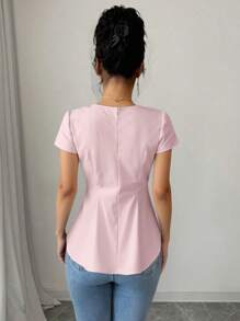 SHEIN Clasi Pink Lace-Up Front Ruffle Sleeve Vacation Shirt - Pink - View 2