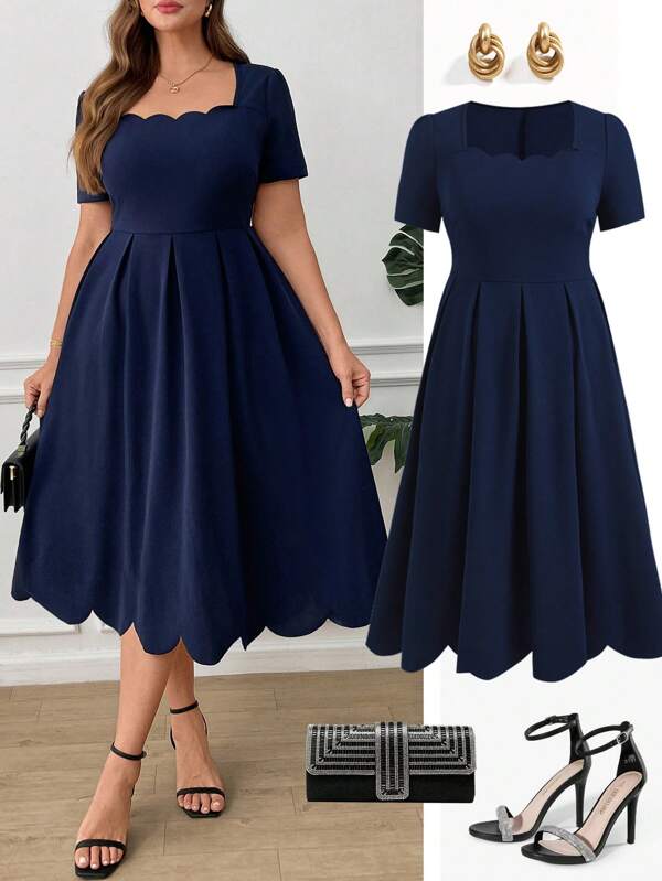 Ellevyn Elegantes Damenkleid in Große Größen mit quadratischem Ausschnitt und Muschelkante in Einfarbig