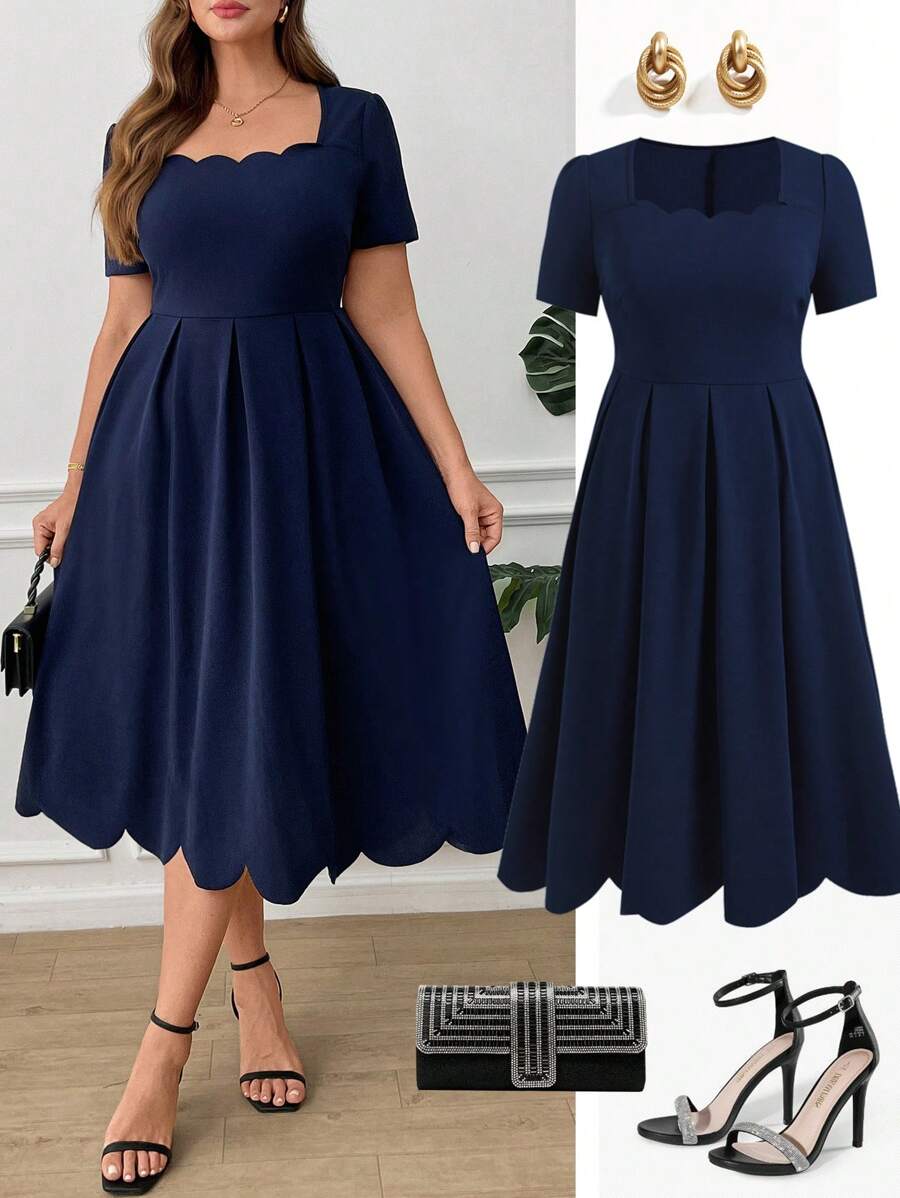 Ellevyn Plus Size Elegant Square Neckline Seashell Edge Plain Color Dress For Women,Graduation Dress,Graduation Dresses For Women,White Graduation Dress,Graduation Outfit, ,Summer Dress,Graduation Dress,Dresses For Women Summer,Wedding Guest Dress Women Prom Dress,Elegant Dresses For Party,Birthday Dresses For Women,Dresses For Women Elegant,Elegant Dresses For Women