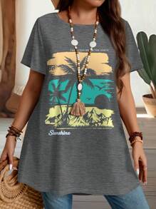 EMERY ROSE Plus Size Round Neck Regular Shoulder Short Sleeve Long T-Shirt, Mother's Days, Simple And Fashion Style, Suitable For Summer, Vacation Style, Casual Summer Vacations Woman, Boho Chic, Country Concert, Holiday Festivals, Beachs For Woman, Summers For Women,Old Money Style Women, Summer