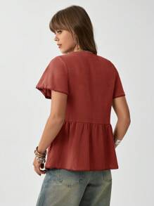 SHEIN LUNE Solid Button Front Peplum Blouse,Short Sleeve Tops - Burnt Orange - View 3
