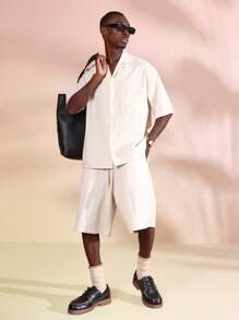 SUMWON 度假休闲纽扣衬衫短袖轻盈亚麻外观宽松版型经典夏季海滩必备 - 米色 - 查看 3