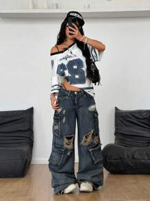 Coolane 男女款夏季街头服饰复古演唱会 Y2K 运动透气网眼星星图案数字图案宽松 T 恤