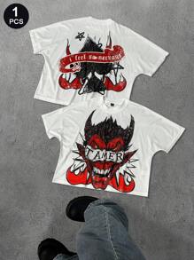 Manfinity EMRG Camiseta de manga corta casual con estampado de dibujos animados para hombres, para verano - Blanco - Ver 1