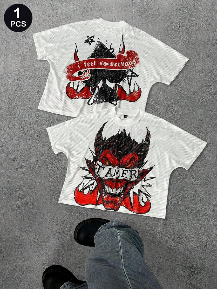 Manfinity EMRG Camiseta de manga corta casual con estampado de dibujos animados para hombres, para verano - Blanco - Ver 1