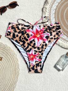 Swim Vcay Spring Break New Leopard Print Drawstring Design Women's Swimsuit Bottom, Summer Beach Vacation - Multicolor - View 6