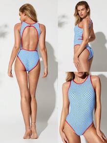 GLOWMODE Glow With The Flow Quick Dry Chlorine Resistant High Neck Back Cutout Removable Cups Colorblock Trim Full Coverage One Piece Swimsuit Swimming Beach Pool Vacation Resort Travel Summer Wear