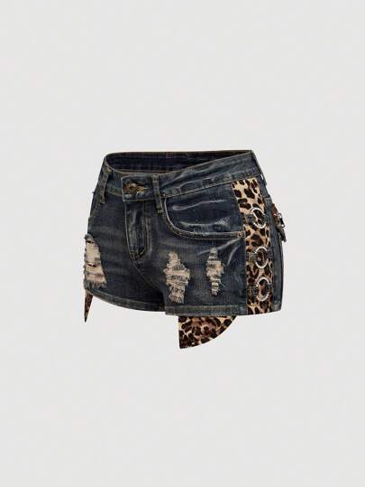 ROMWE J-Fashion Y2K辣妹性感超低腰豹纹复古紧身超低腰女式韩流牛仔短裤