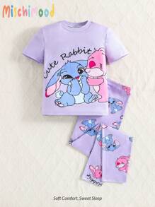 2pcs Cute Bunny Print Stretchy Pajama Set With Short Sleeve Top And Long Pants For Tween Girls Summer - Purple - View 1