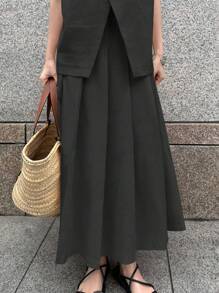 FRIFUL 2 件套女式无袖短款上衣和高腰开叉裙，假日复古风亚麻套装 - 深灰色 - 查看 4