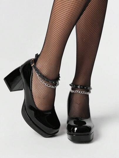 Goth Women's PU Leather Square Toe Thick Heel Platform Sandals With Buckle Strap, Sexy Glossy Slip-On High Heels For Spring