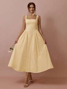 Enchnt 1pc Women Square Neck Pleated Sleeveless Elegant Dress Butter Yellow Dress - Yellow - View 4