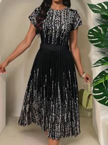 SHEIN Unity 短袖圆领百褶印花休闲连衣裙长款女装 - 黑色 - 查看 1