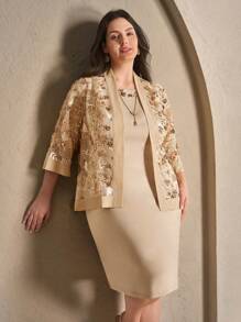 SHEIN Clasi Set elegante da 2 pezzi in color kaki da donna, taglie comode per l'estate - Albicocca - Visualizzare 5