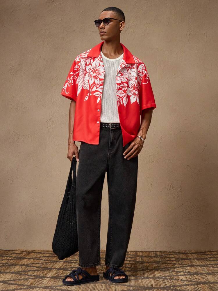Camisa Masculina Vermelha de Manga Curta com Gola, Estampa Floral, Fit Solto, Uso Casual Diário, Adequada para Ir ao Trabalho, Primavera/Verão, Férias, Festa, Casal, Presente para Namorado, Roupa de Praia, Presente para o Dia dos Pais
