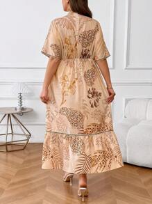 SHEIN Clasi Plus Size Elegant Printed V-Neck Waist Cinching Dress,Long Flowing Beautiful Dress Dresses For Women Summer Dresses For Women