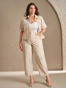 Chikora Plus Size Women 2 Pieces Set,White,Summer,Smart Casual,Everyday Elegant Open Front Shirt & Tapered Pants With Pockets,Short Sleeve Workwear Suit - Apricot - View 1