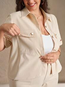 Chikora Plus Size Women 2 Pieces Set,White,Summer,Smart Casual,Everyday Elegant Open Front Shirt & Tapered Pants With Pockets,Short Sleeve Workwear Suit - Apricot - View 6