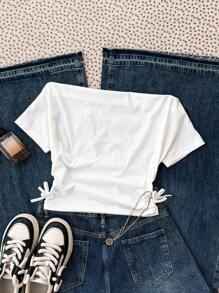 SHEIN 少女春夏休闲运动 T 恤，短款长度，肩部镂空，字母印花，白色，返校季 - 白色 - 查看 2