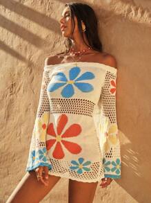 Swim Chiccia 女式多巴胺风格彩色花卉露肩沙滩罩衫，复古乡村风格甜美镂空透明网眼长袖针织超长连衣裙，春夏 - 彩色 - 查看 2