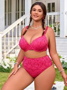Swim Mod Conjunto de tankini talla grande para mujer con vestido de playa, en color fucsia, de punto jacquard, con tirantes fruncidos, para uso casual o de resort - Rosa Fucsia - Ver 3
