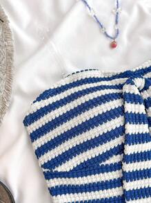 SHEIN Teen Girls Vacation Striped Knit Blue White Knitted Crinkled Fabric Tube Top Halter Neck Bow Jumpsuit, & Suitable For Party, Valentine's Day, Wear As Innerwear Or Outerwear - Blue and White - View 5