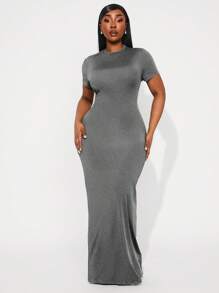 SHEIN SXY Vestido midi elegante de manga corta, de cuello redondo y ajustado en talla grande de un solo color
