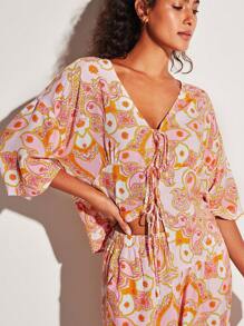 LUVLETTE Soft Rayon Pink Romantic Paisley Vacation Patterned Short-Sleeve Basic Bow Tie Rope Top & Pants Loungewear Airy Pajama Set Pants With Pockets Bridal Intimates - Dusty Pink - View 5