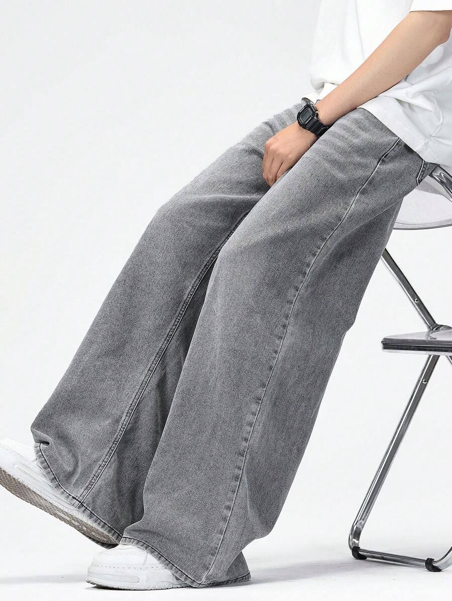 SHEIN Genkimix Kids Men's Vintage Washed Loose Straight Fit Casual Jeans, Versatile All Season Wear, School, Campus, College - Light Grey - View 1