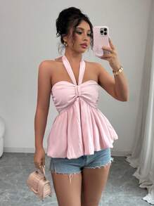 SHEIN Clasi Multi-Wear Solid Color Halter Neck Fashion Shirt, Suitable For Summer