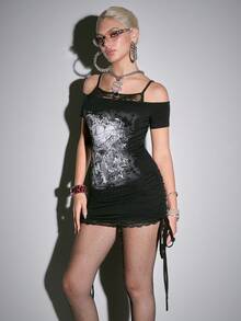 ROMWE Grunge Punk Fashionable Punk Print Lace Patchwork Pleated Side Off Shoulder Strap Mini Dress - Black - View 4