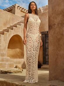 Swim Chiccia Women's Solid Color Hollow Out Backless Sleeveless Crochet Maxi Dress Swimwear Cover Up, Summer