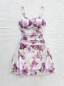 Soleia 网眼玫瑰花卉印花褶饰露背迷你吊带连衣裙，假期约会情人节下午茶上衣，春夏