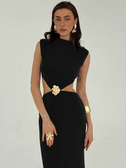 Aloruh Women's Hollow Out Floral Decor Dress With Sexy Waist Design,Bodycon Dress