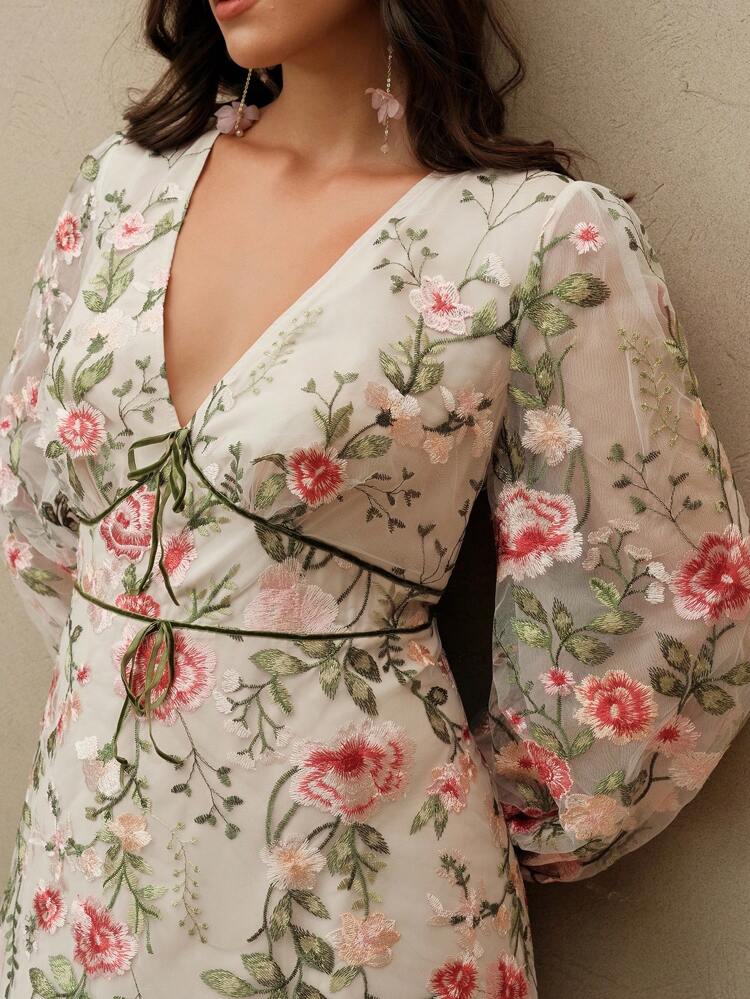 Women's V-Neck Embroidered Sheer Dress, Casual & Fashionable Holiday Slim Waist Plus Size Long Dress For Summer