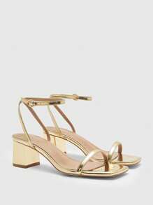 CUCCOO BIZCHIC 女士时尚金色细带踝带舒适粗跟凉鞋，适合通勤、约会、派对、度假、户外散步 - 金色 - 查看 9