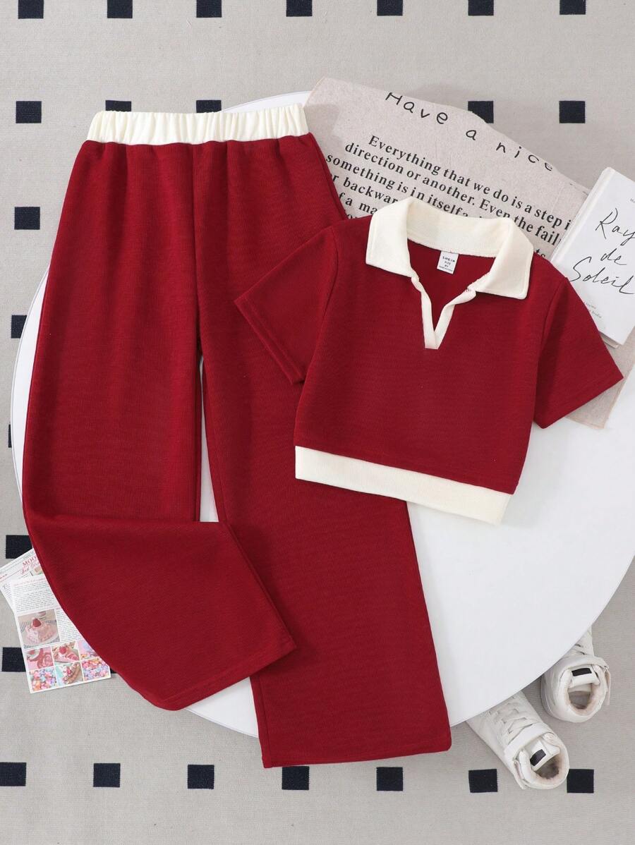 Conjunto de parte superior corta de manga corta y pantalón largo informal con bloques de color para niña preadolescente - Burdeos - Ver 1