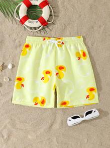 Young Boy Duck Print Beach Swim Trunks - Yellow - View 1