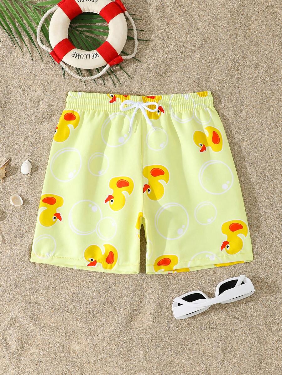 Young Boy Duck Print Beach Swim Trunks - Yellow - View 1