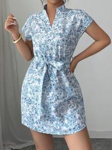 Elenzga Đầm mini tay ngắn thắt lưng họa tiết hoa toàn thân cho nữ - Màu xanh nhạt - Xem 4