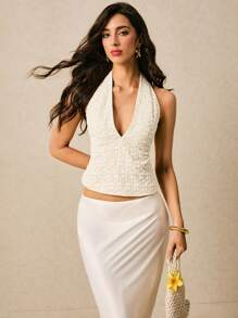 Poéselle Women's Floral Jacquard Plunging V-Neck Backless Halter Top - Apricot - View 5