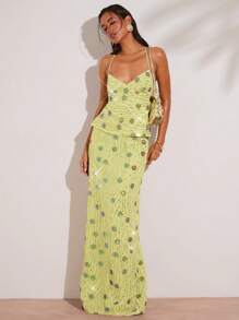SHEIN BAE Lime Green Beaded Floral Long Skirt & Backless Tie-Up Beach Vest,Summer Seductive Night Out Bohemian Solid Color Set For Bridal Party,Tea Party Woman - Green - View 3