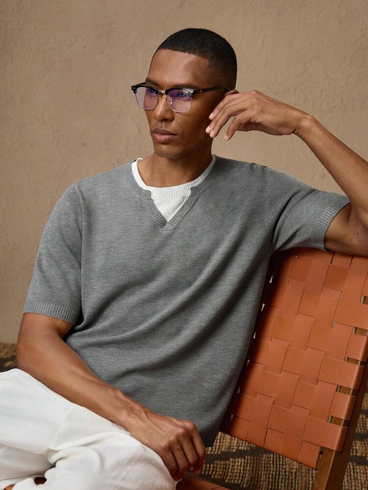 Men's Knitted Short Sleeve Elastic Form-Fitting Knit Top With Double-Layer Collar, Suitable For Summer, Vacation, Casual Wear, Parties, Couple Sets, Gifts For Men, Father's Day, School