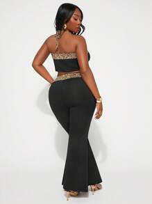 SHEIN SXY Plus Size Women's Spring&Summer Elegant Sexy Basic 2PC-SET With Leopard Patchwork Colorblock Strapless Tube Top And Flared Pants Two Pieces Set,Suitable For Everyday Wear - Multicolor - View 2