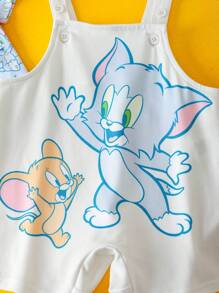 TOM & JERRY X SHEIN Baby Boy Cartoon Pattern Blue Cute & Funny Short Sleeve T-Shirt And Cute Bib Overalls Set