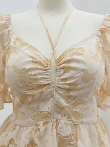 Flirla Robe courte à manches bouffantes à nouer en jacquard grande taille, style vacances pour le printemps/l'été