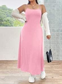 Flirla Plus Size Women's Versatile Basic Dress Maxi Women Outfit - Pink - View 1