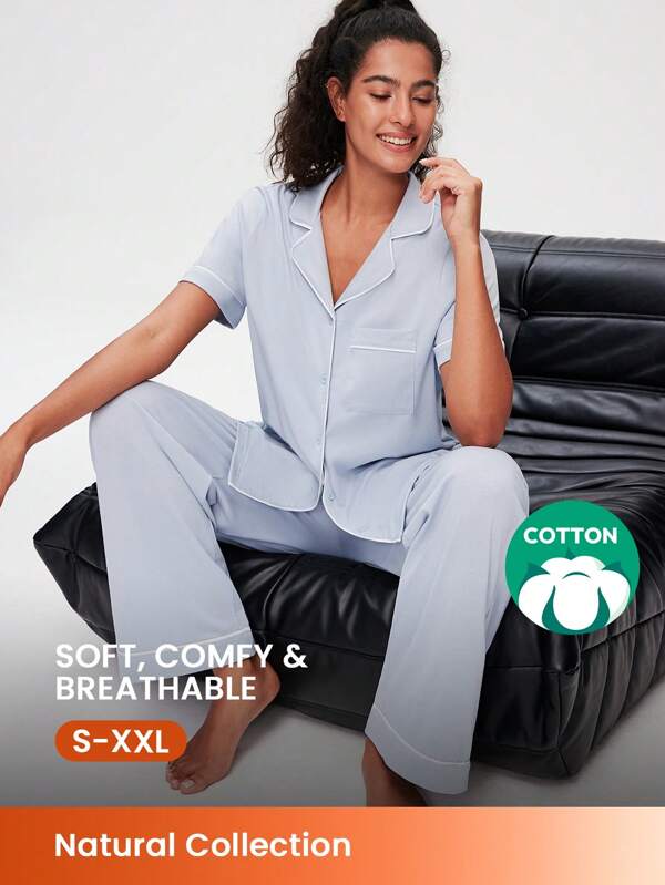 LUVLETTE Set pijama lejer cu mânecă scurtă, bumbac moale, cu garnitură contrastantă, top și pantaloni, lenjerie de casă, pantaloni cu buzunare