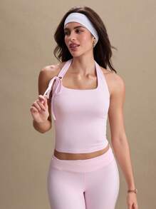 Easify SHEIN Sport Women's Pink Adjustable Halter Loose Fit Backless Casual Comfortable Waist Drawstring Sports Vest, Spring/Summer